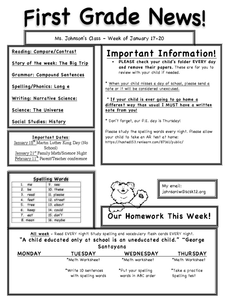 Weekly Homework Overview for Ms. Johnson's Class | PDF | Language Arts ...