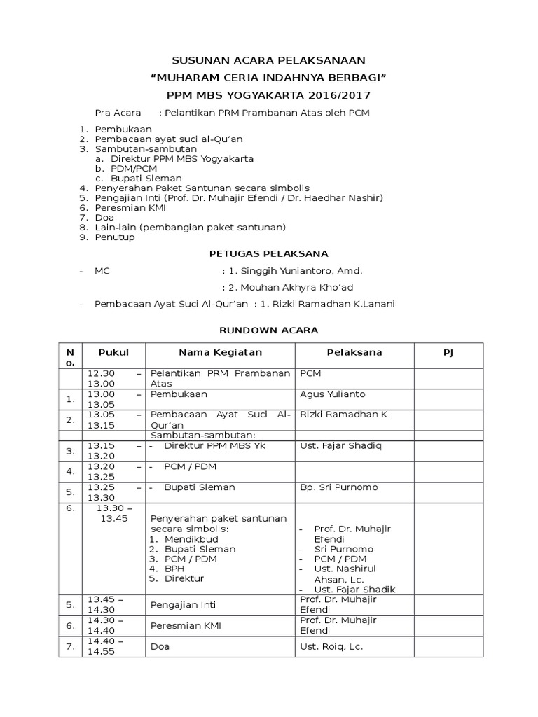Susunan Acara Pelaksanaan Kegiatan Satu Muharram