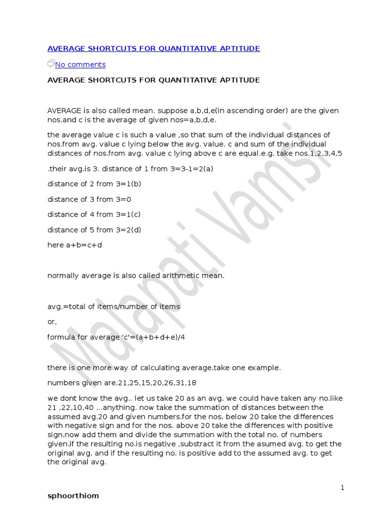 Average Shortcuts for Quantitative Aptitude | PDF | Summation ...