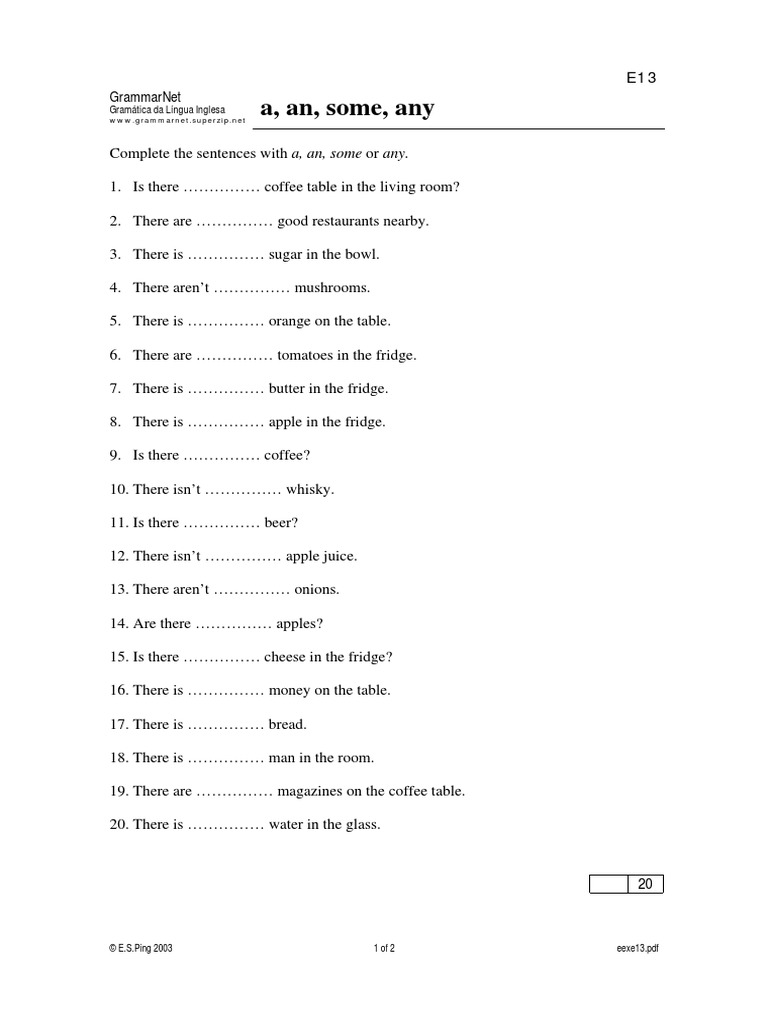 A An Some Any Exercises Pdf
