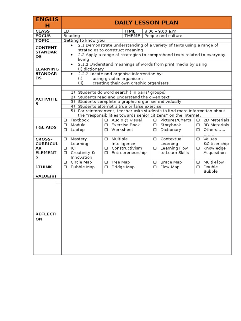 Sample Lesson Plan English Form 1 - KSSM | PDF