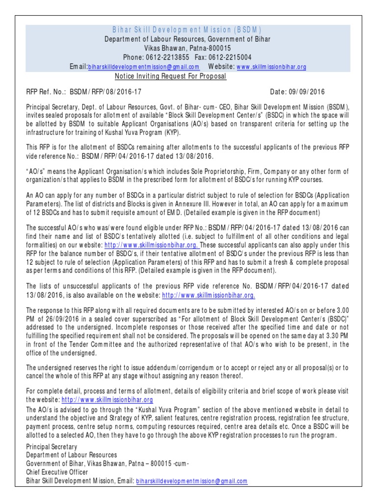 RFP for Block Skill Development Centers | PDF | Request For Proposal ...