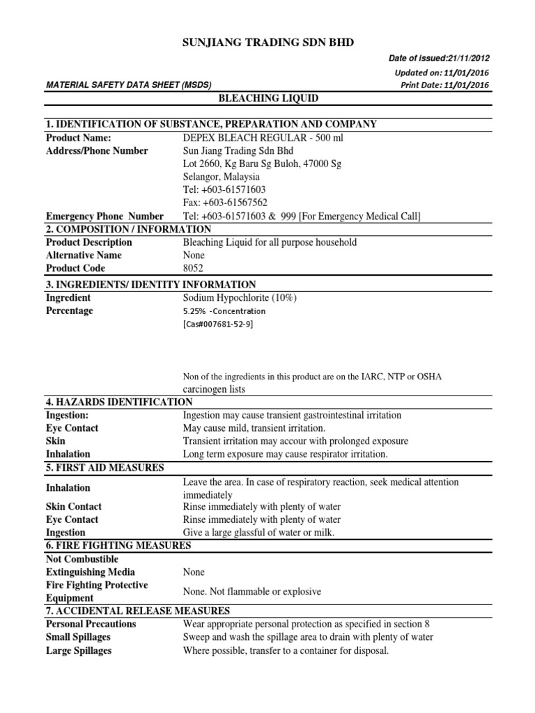 Depex Bleach Regular Material Safety Data Sheet (MSDS) PDF Bleach