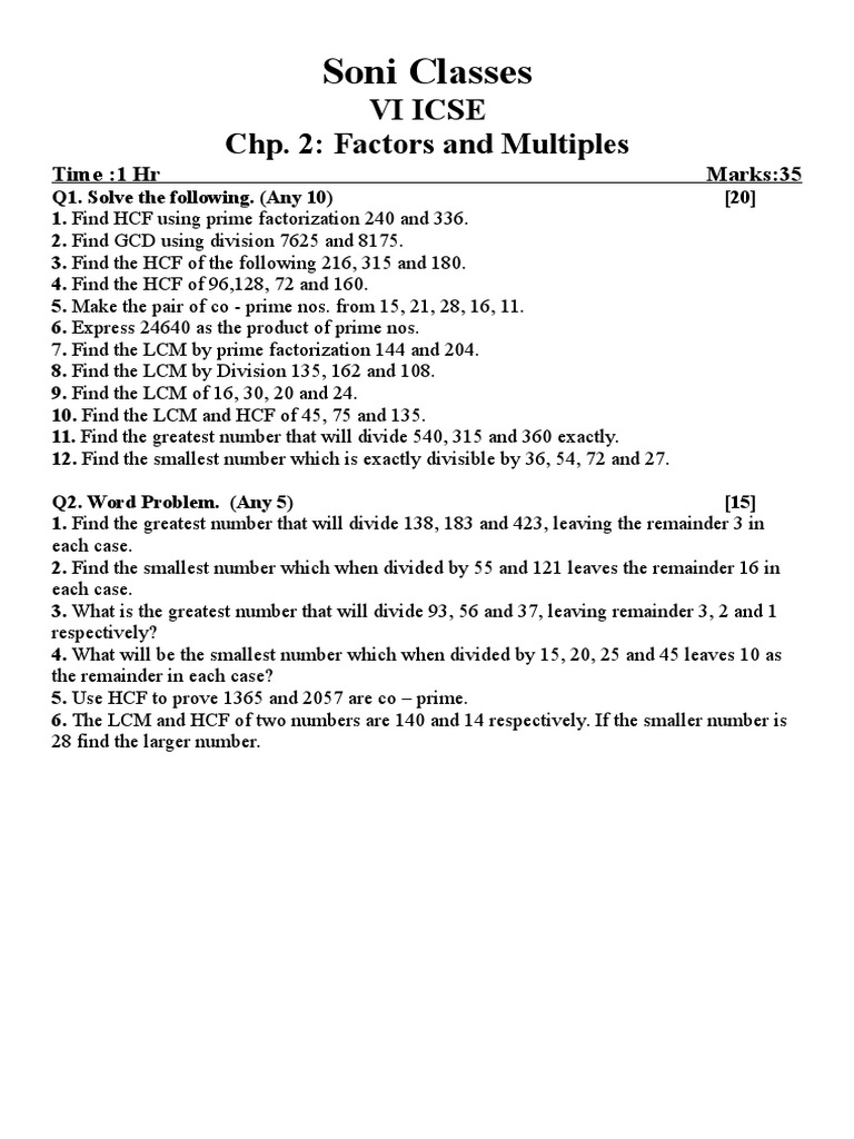Class 6 Factors and Multiples Worksheet | PDF