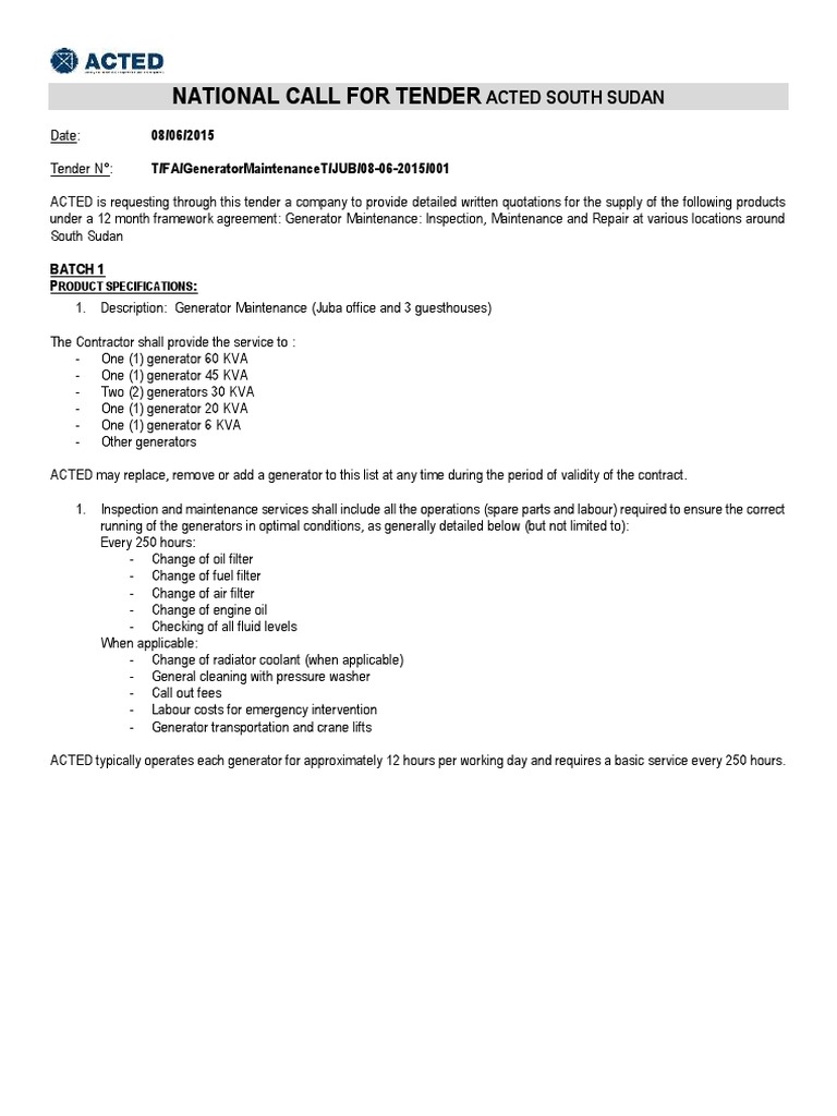 Generator Maintenance Tender South Sudan | PDF | Radiator | Employment