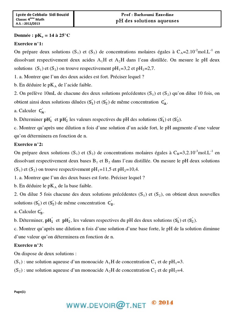 pH des solutions aqueuses : Exercices corrigés | PDF | Ph | Constante d ...