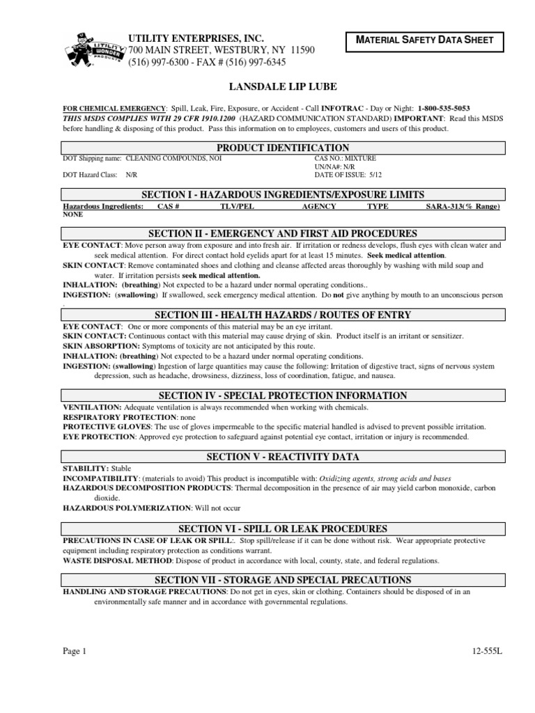 MSDS Lube PDF Materials Chemistry