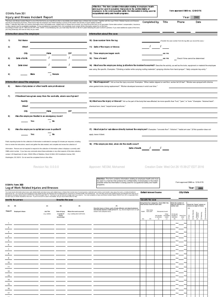 OSHA Injury and Illness Incident Report PDF Occupational Safety