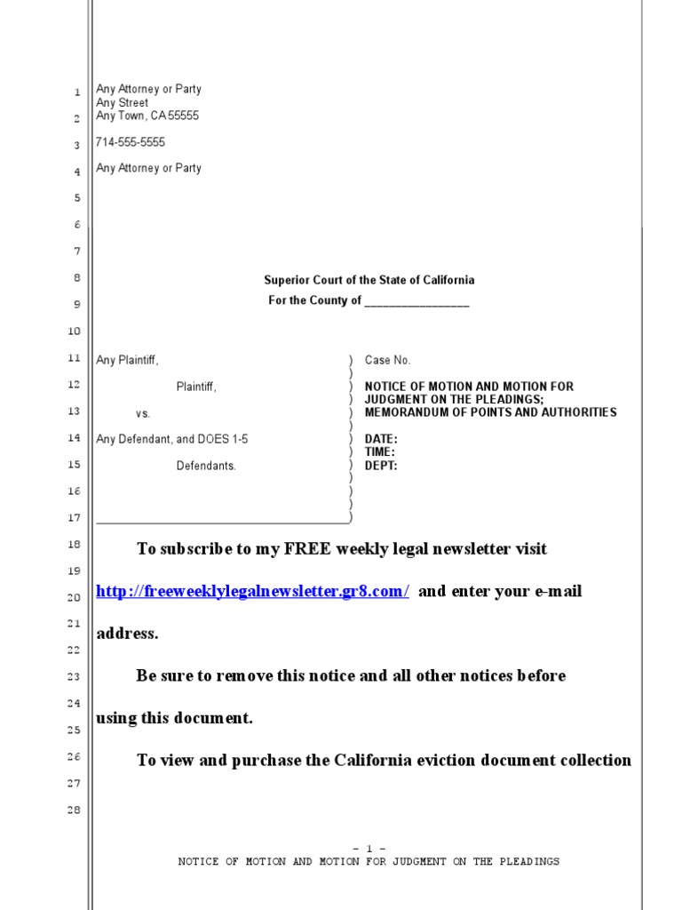 Sample Motion For Judgment On The Pleadings For Eviction Complaint in
