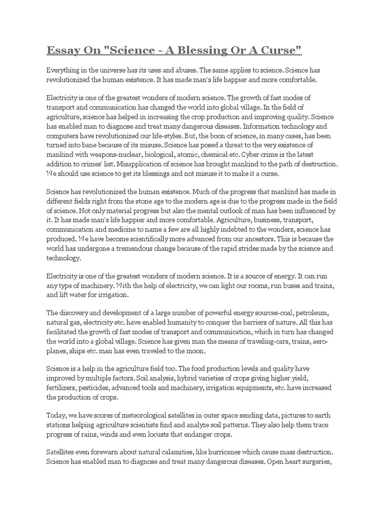 Essay On "Science A Blessing or A Curse" PDF Nuclear Weapons Bomb