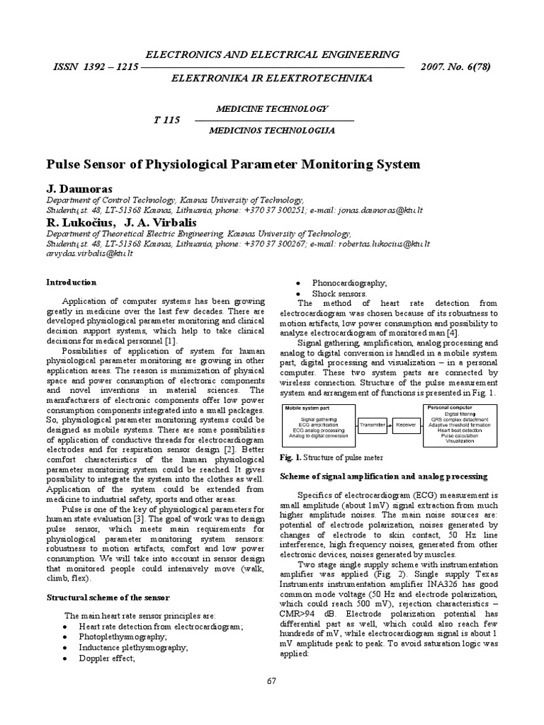 ISSN 1392-1215 Pulse Sensor of Physiological Parameter Monitoring ...