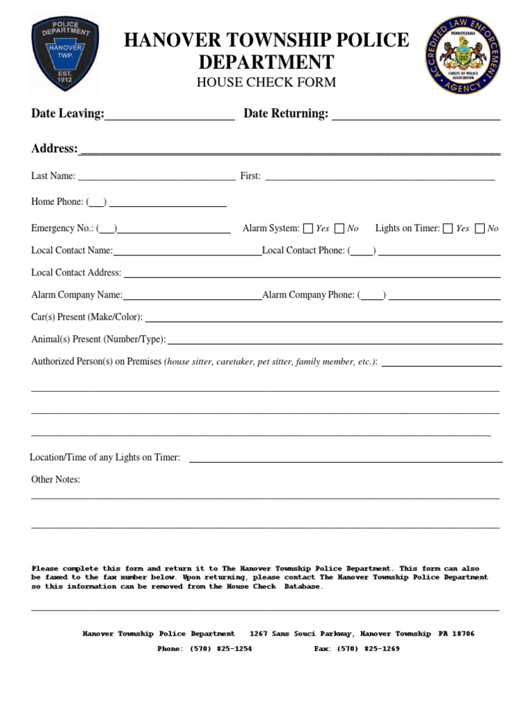 Hanover TWP PD House Check Request Form | PDF