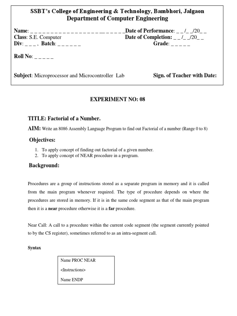 Factorial Calculation in 8086 Assembly | PDF | Subroutine | Instruction Set
