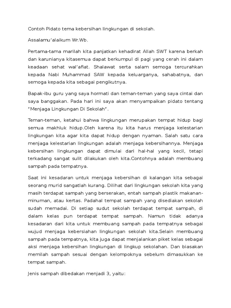 Contoh Pidato Tema Kebersihan Lingkungan Di Sekolah