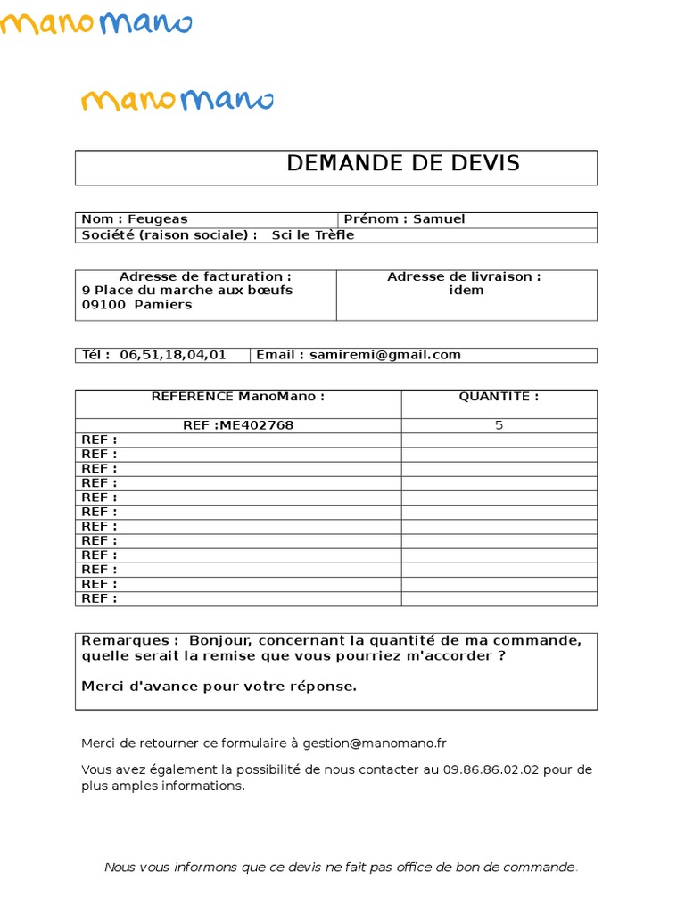 Demande de devis pour ManoMano | PDF