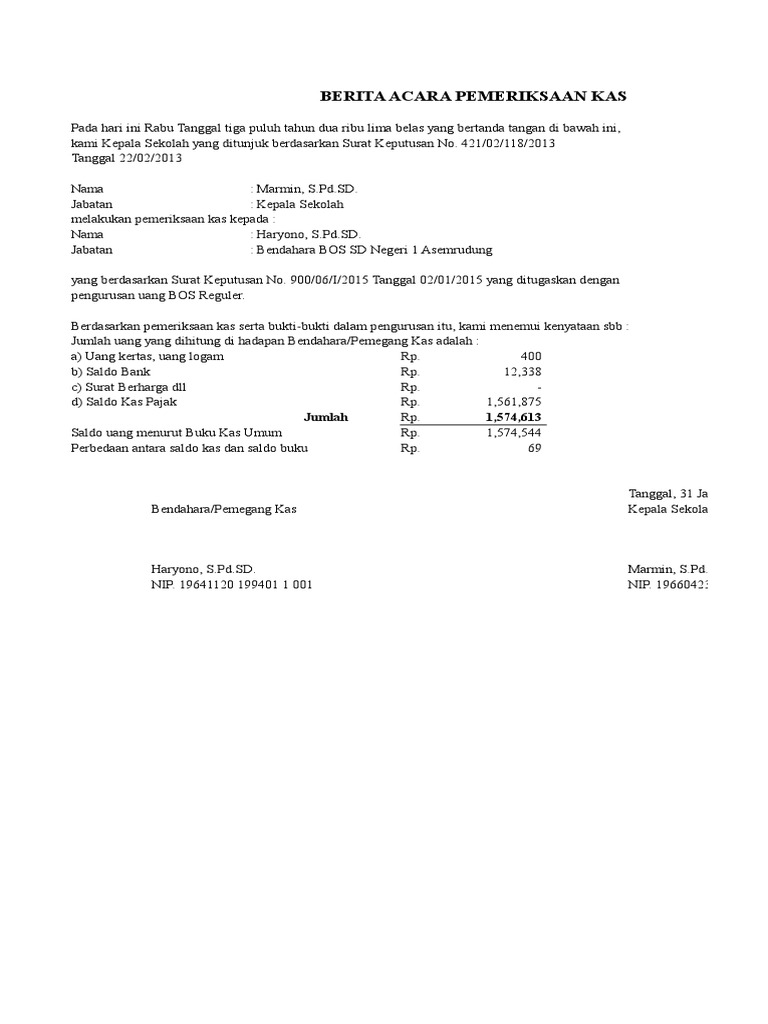 Format Bos K7c Berita Acara Pemeriksaan Kas