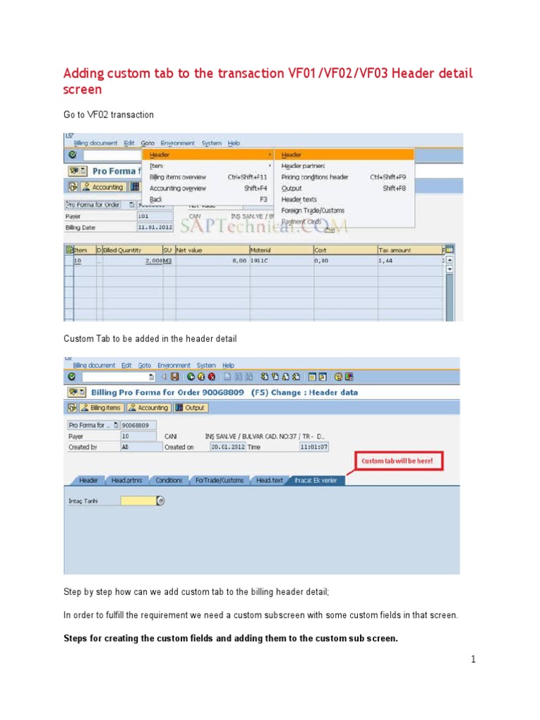 Custom Tabs in VF01/VF02/VF03 Transactions | PDF | Subroutine | Areas ...