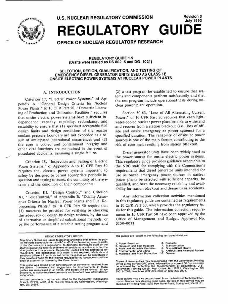 Emergency Diesel Generator Guidance | PDF | Nuclear Regulatory ...