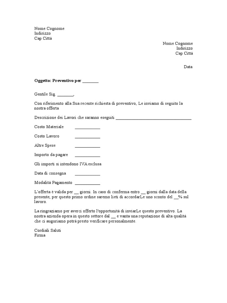 Fac simile preventivo word.doc Come fare un preventivo di giardinaggio