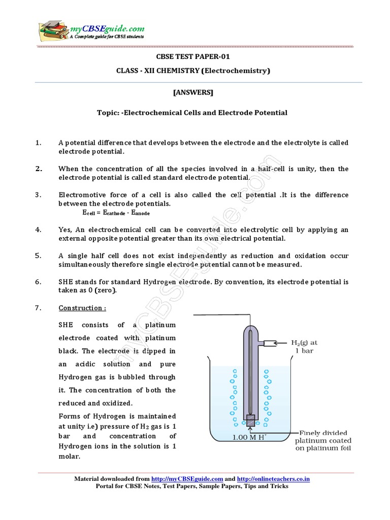 12 Chemistry Electrochemistry Test 01 Answer 8b9m | Electrochemistry