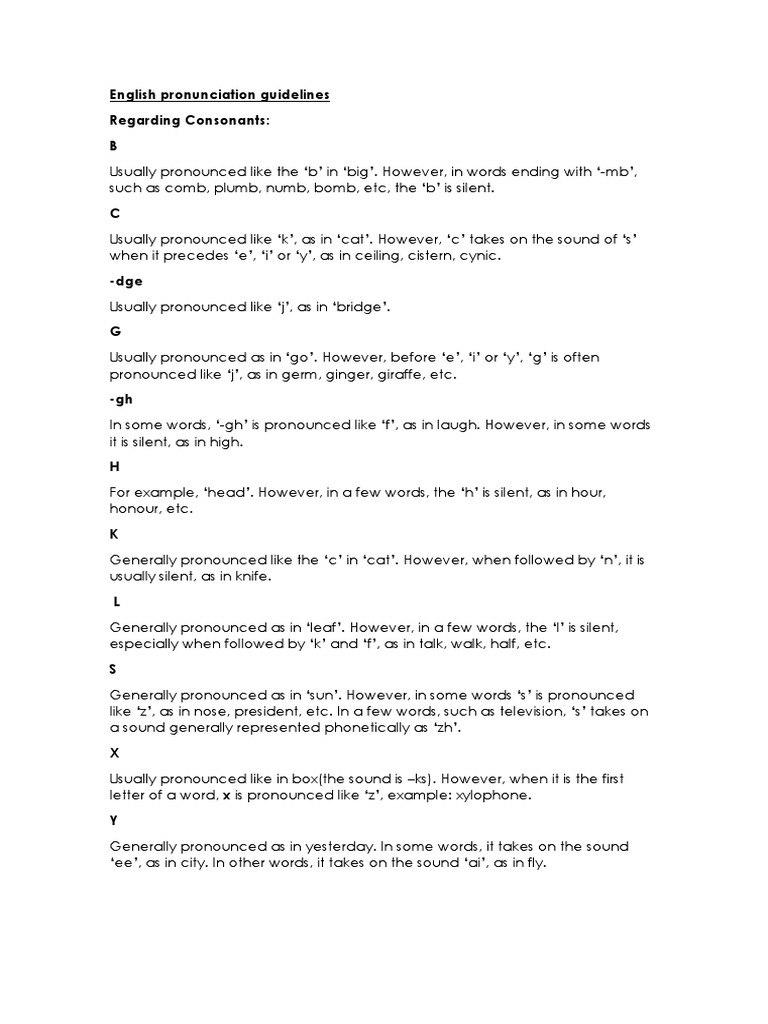 English Pronunciation Guidelines Consonant Vowel