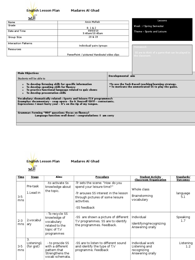 English Lesson Plan Madares Al Ghad: Name Grade Date and Time Group ...