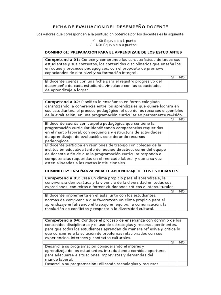 Ficha De Evaluacion Del DesempeÑo Docentedocx Evaluación Aprendizaje