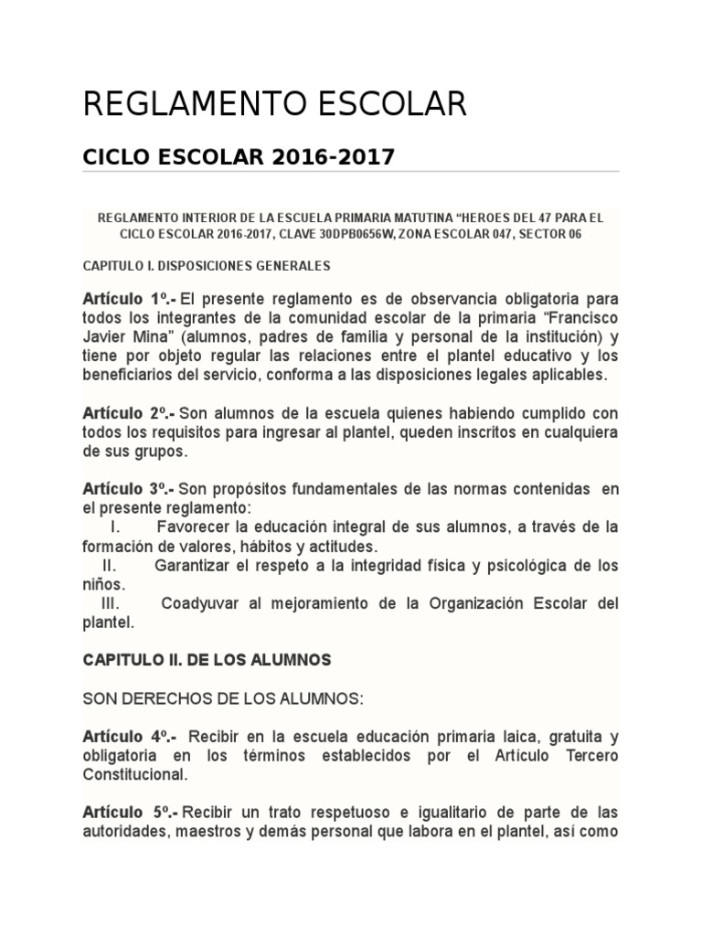 Reglamento Escolar 20162017 Educación primaria