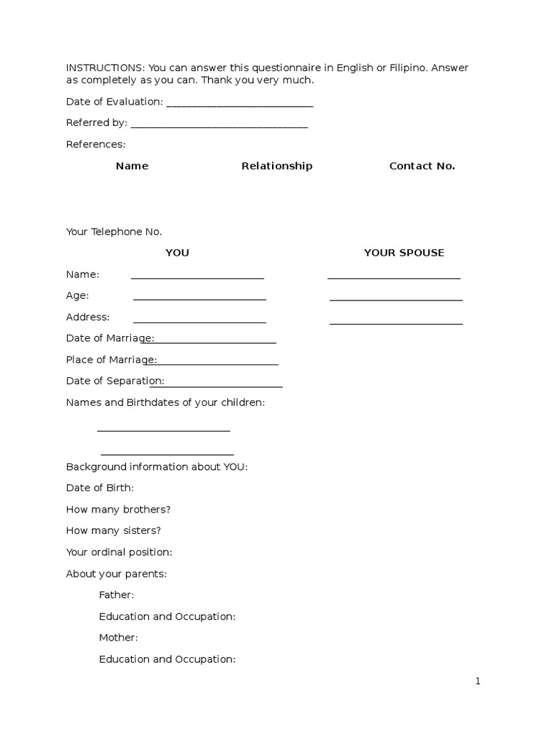 Psychological Evaluation Questionnaire PDF Marriage Behavioural