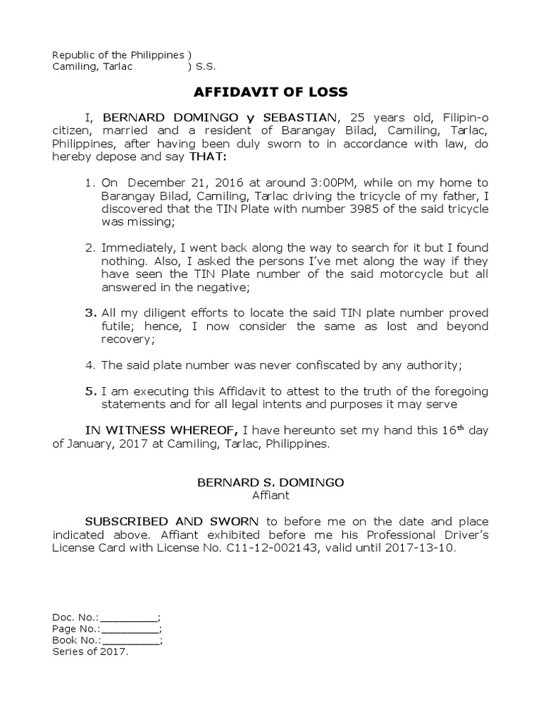 Affidavit of Loss for Tricycle Plate Number | PDF