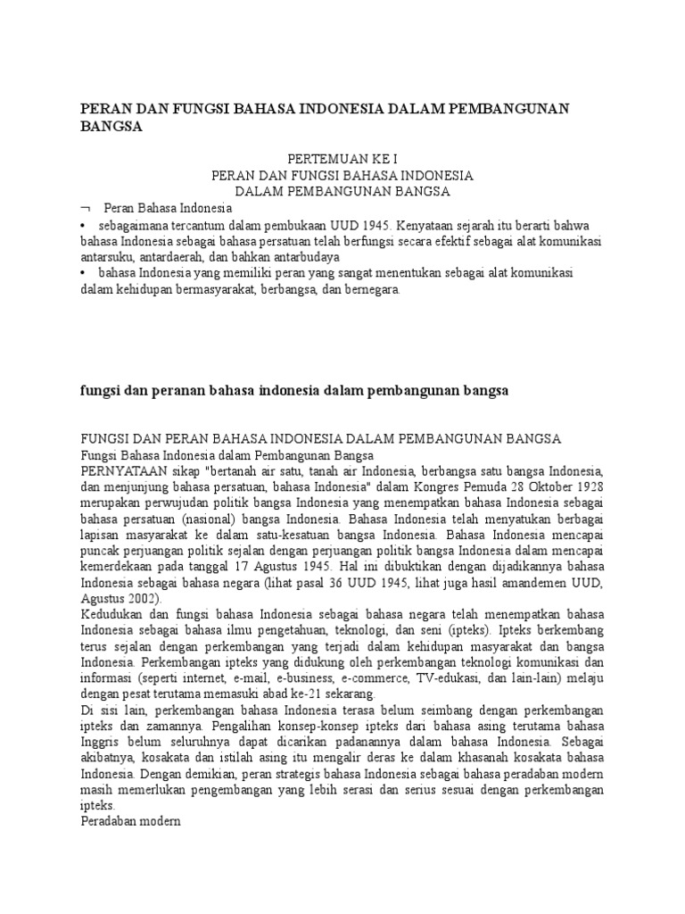 Peran Dan Fungsi Bahasa Indonesia Dalam Pembangunan Bangsa