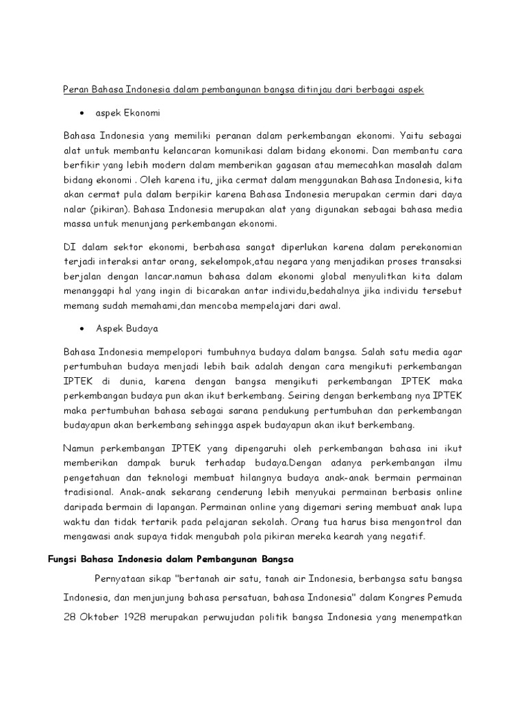 Peran Bahasa Indonesia Dalam Pembangunan Bangsa Ditinjau Dari Berbagai Aspek