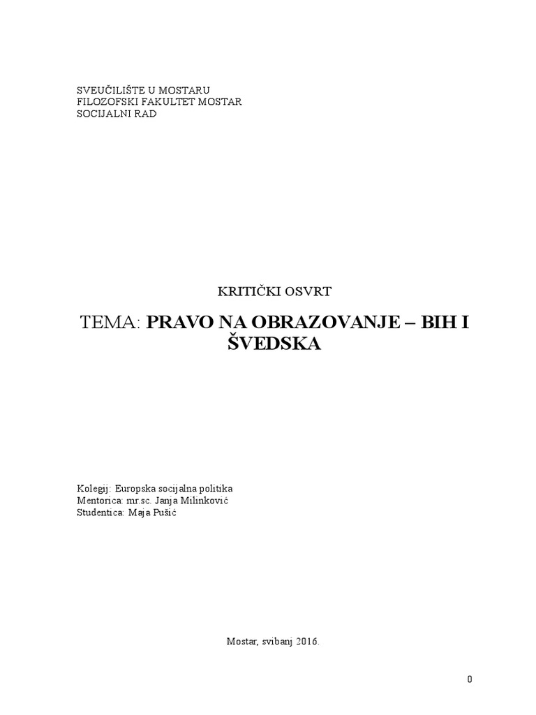 Kritički osvrt - Pravo djeteta na obrazovanje | PDF