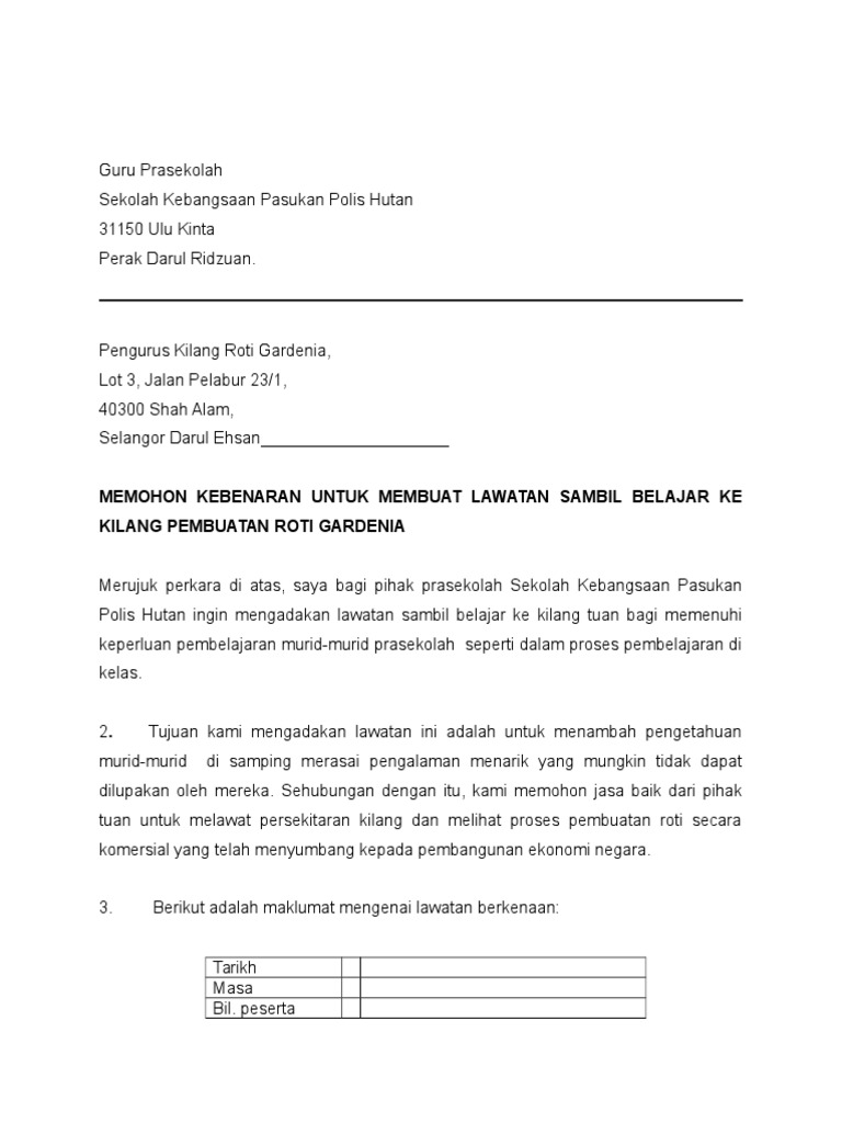 Surat Kiriman Rasmi Lawatan Sambil Belajar Ke Sebuah Kilang Perabot