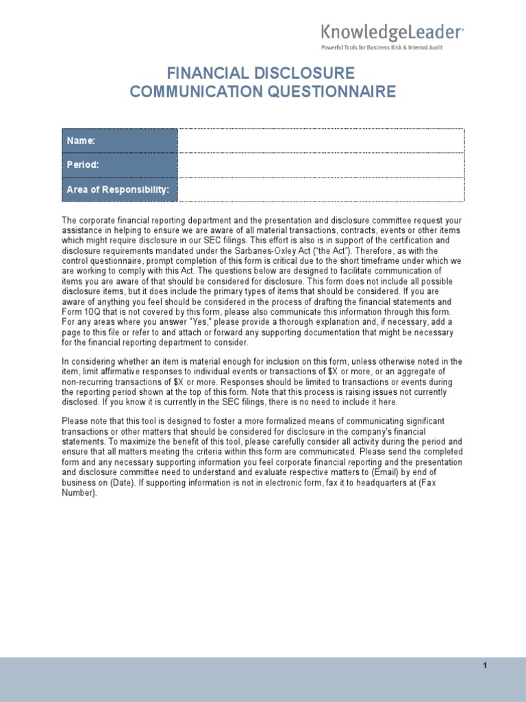 Financial Disclosure Communication Form | PDF | Bad Debt | Financial ...