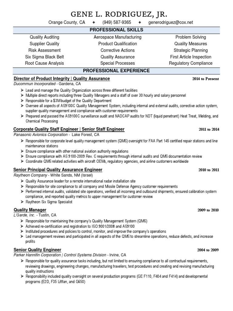 Director Quality Assurance Aerospace in Irvine CA Resume Gene Rodriguez