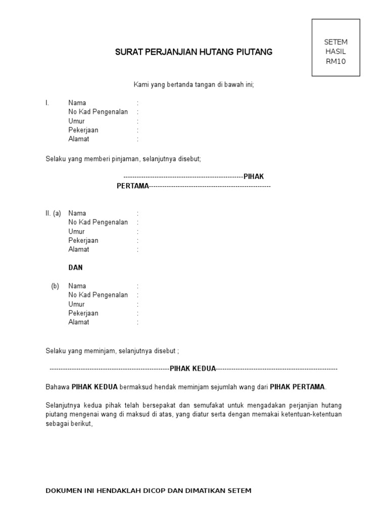 Cek 7+ Contoh Surat Perjanjian Hutang Malaysia ✅