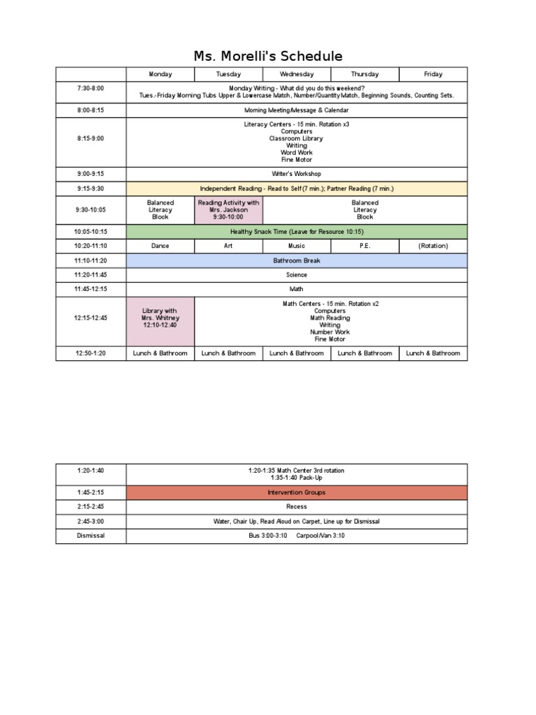 Ms. Morelli's Daily School Schedule | PDF | Language Arts & Discipline ...