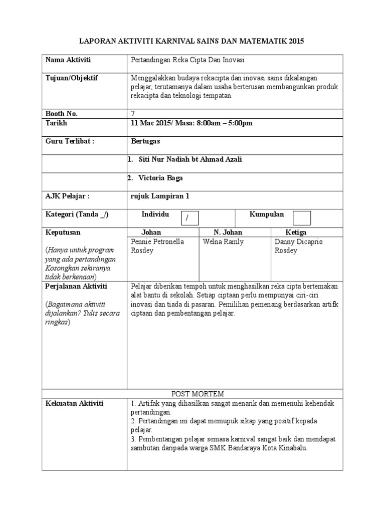 Borang Laporan Karnival Sains & Math Borang Laporan Karnival Sains & Math