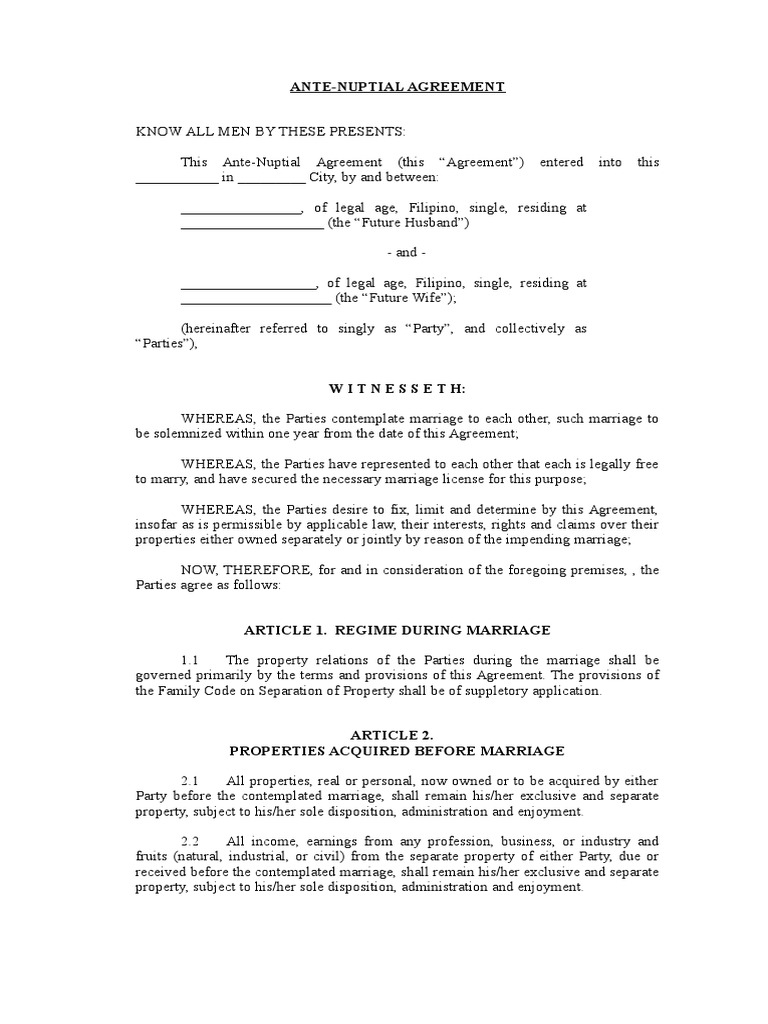 Ante Nuptial Agreement PDF Marriage Property