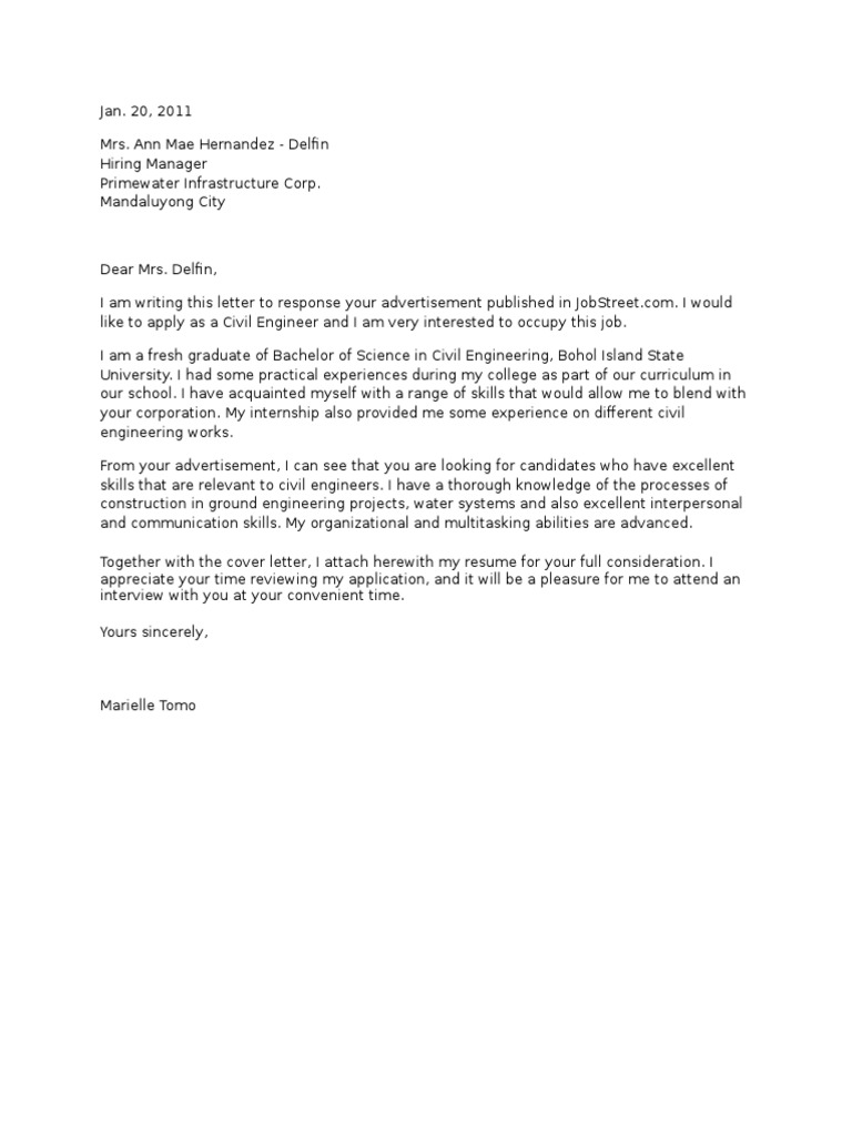 Example Application Letter For Fresh Graduate Civil Engineer PDF