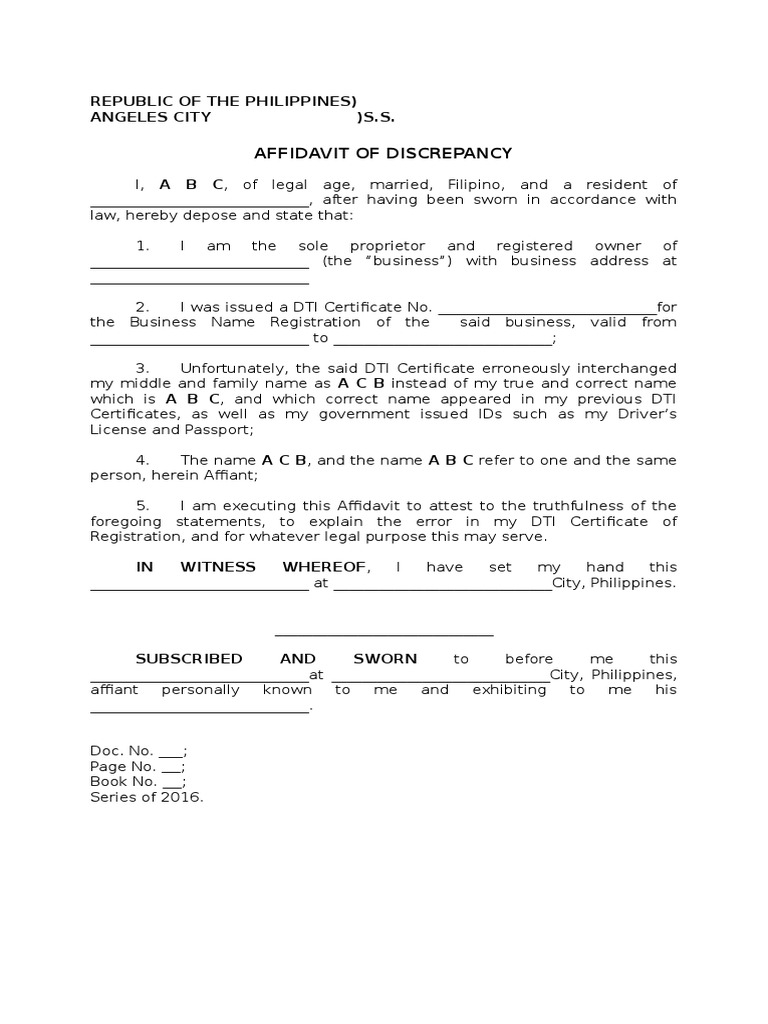 Affidavit Of Discrepancy DTI