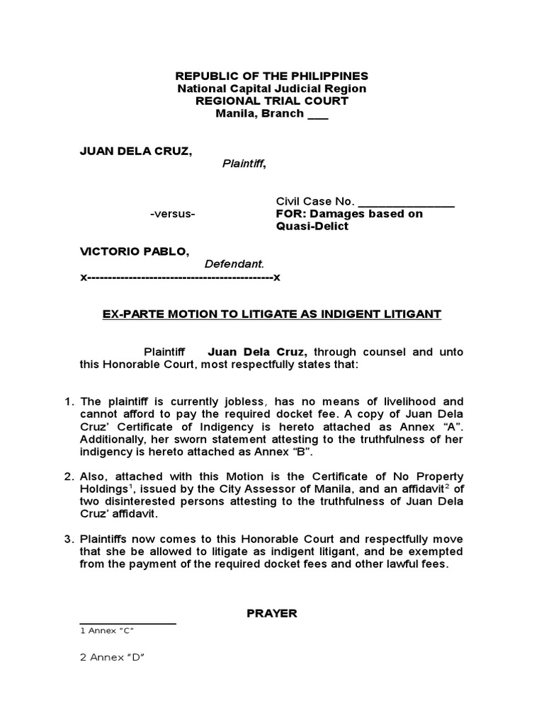Ex Parte Motion To Litigate As Pauper Litigant  PDF