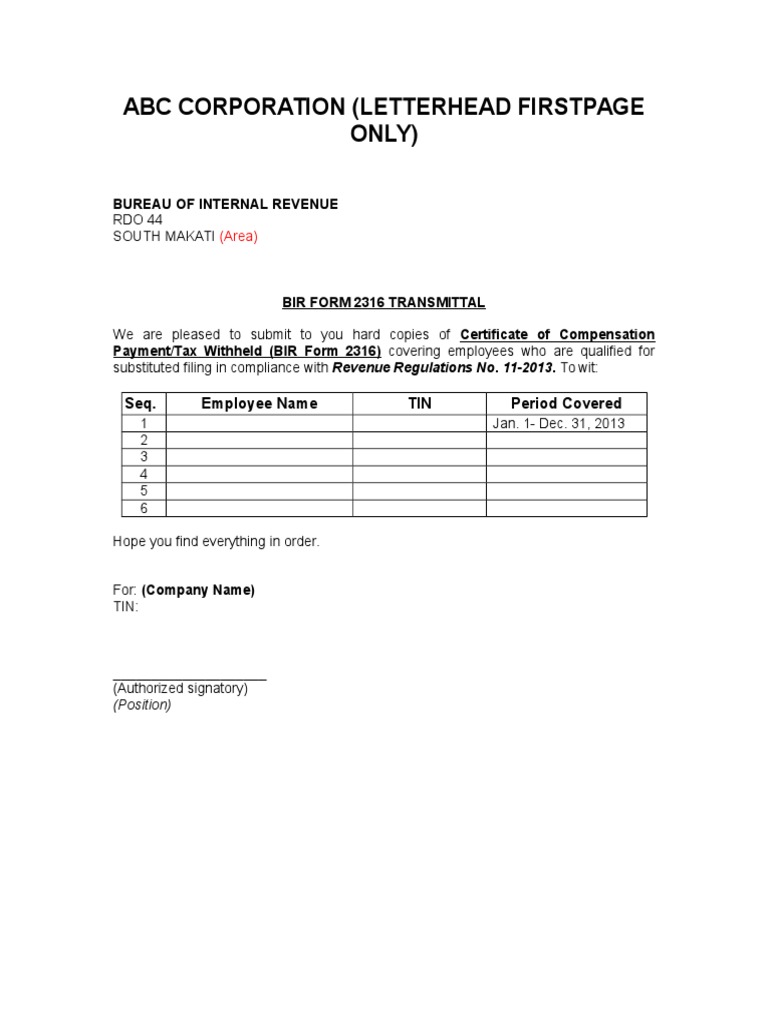BIR Form 2316 Transmittal Submission | PDF | Finance & Money Management