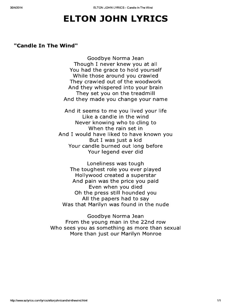 Elton John Lyrics Candle in The Wind PDF