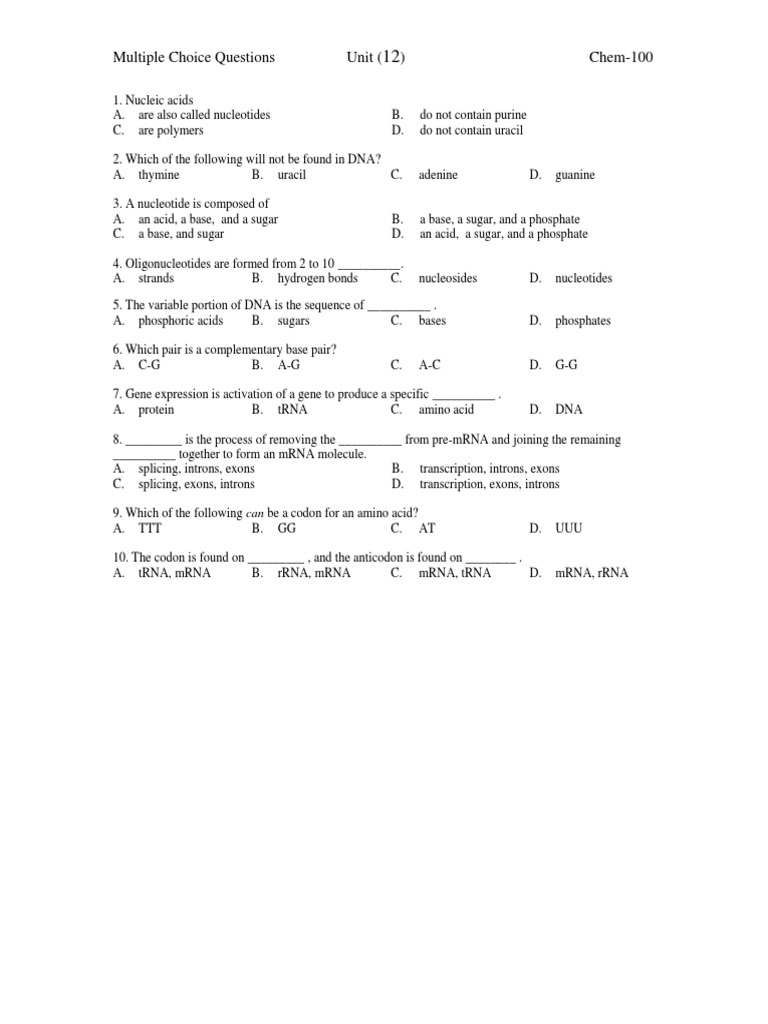Multiple Choice Questions Unit Chem-100 | PDF