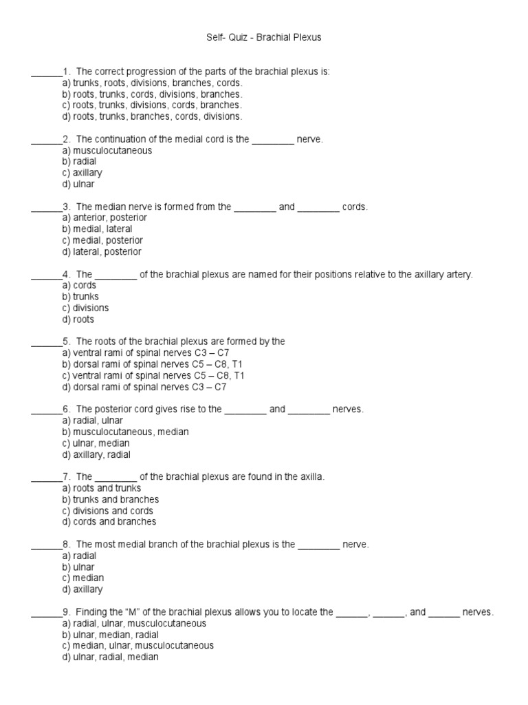 Brachial Plexus Self Quiz Pdf