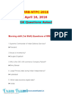 RRB-NTPC-2016 April 16, 2016 GK Questions Asked