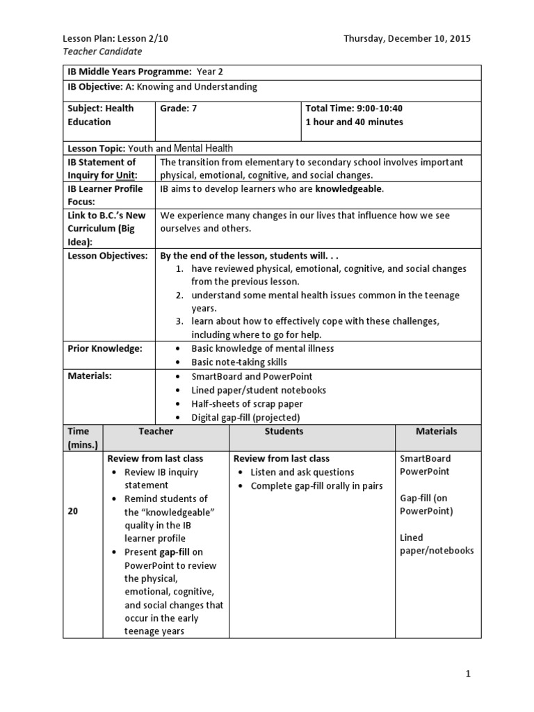 myp lesson plan example health 3 | Lesson Plan | Mental Disorder