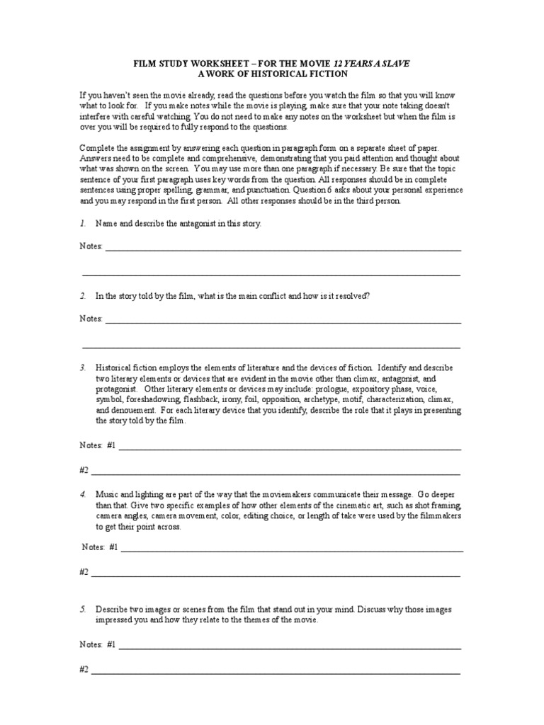 worksheet Film Study Worksheet 12 years a slave film study worksheet
